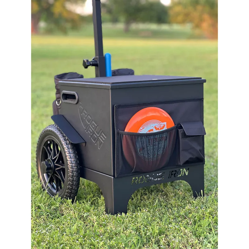 Rogue Iron Disc Golf Cart Pro V3, a black box cart with a lid, side pockets and large wheels